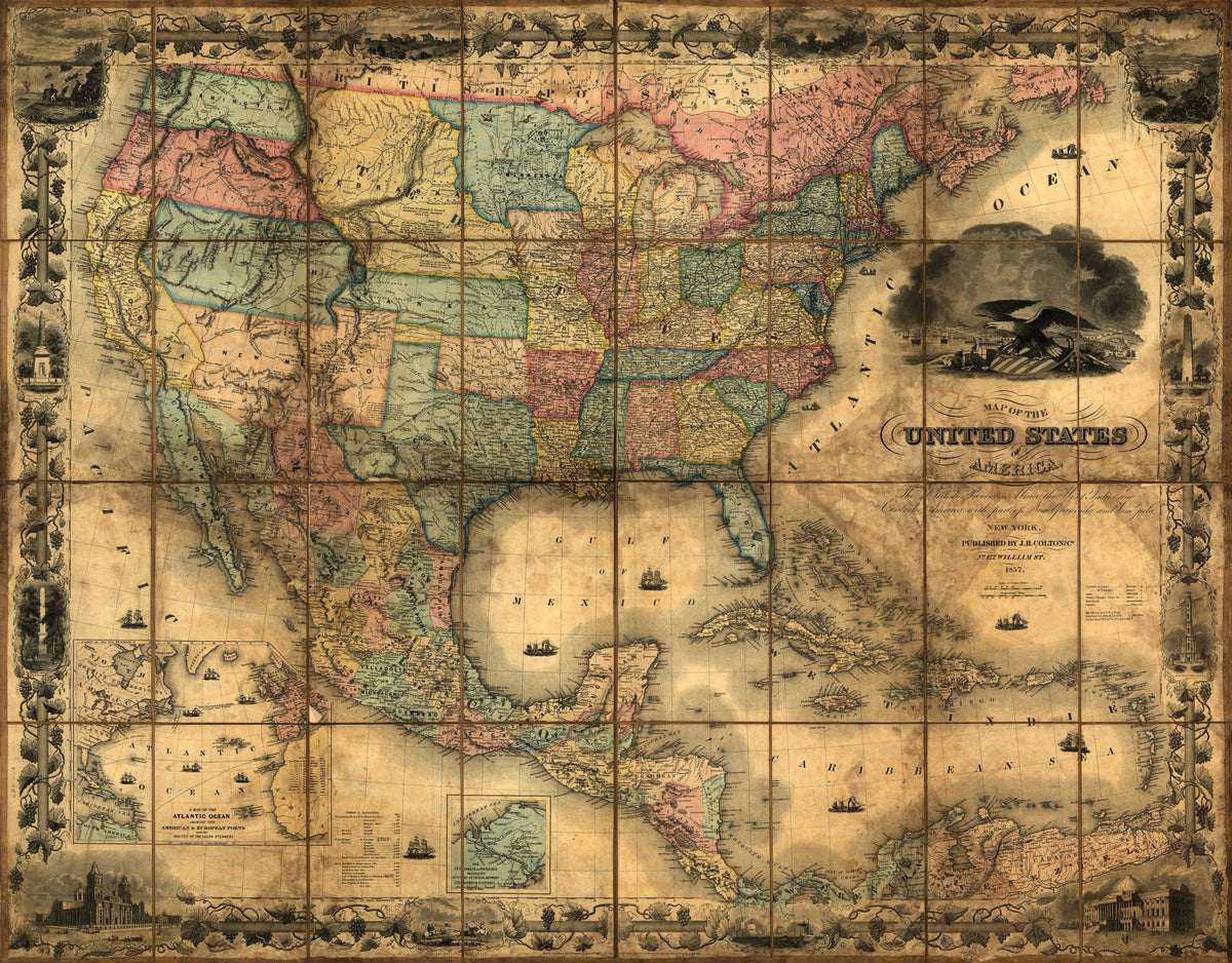 United States Map, Vintage map, Canvas large map, Wall art map, Map of