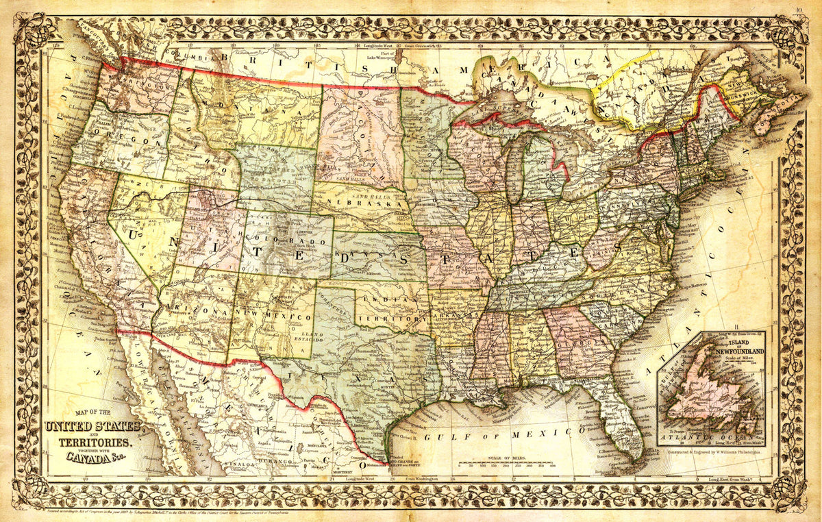 United States Map, Vintage map, Canvas large map, Wall art map, Map of