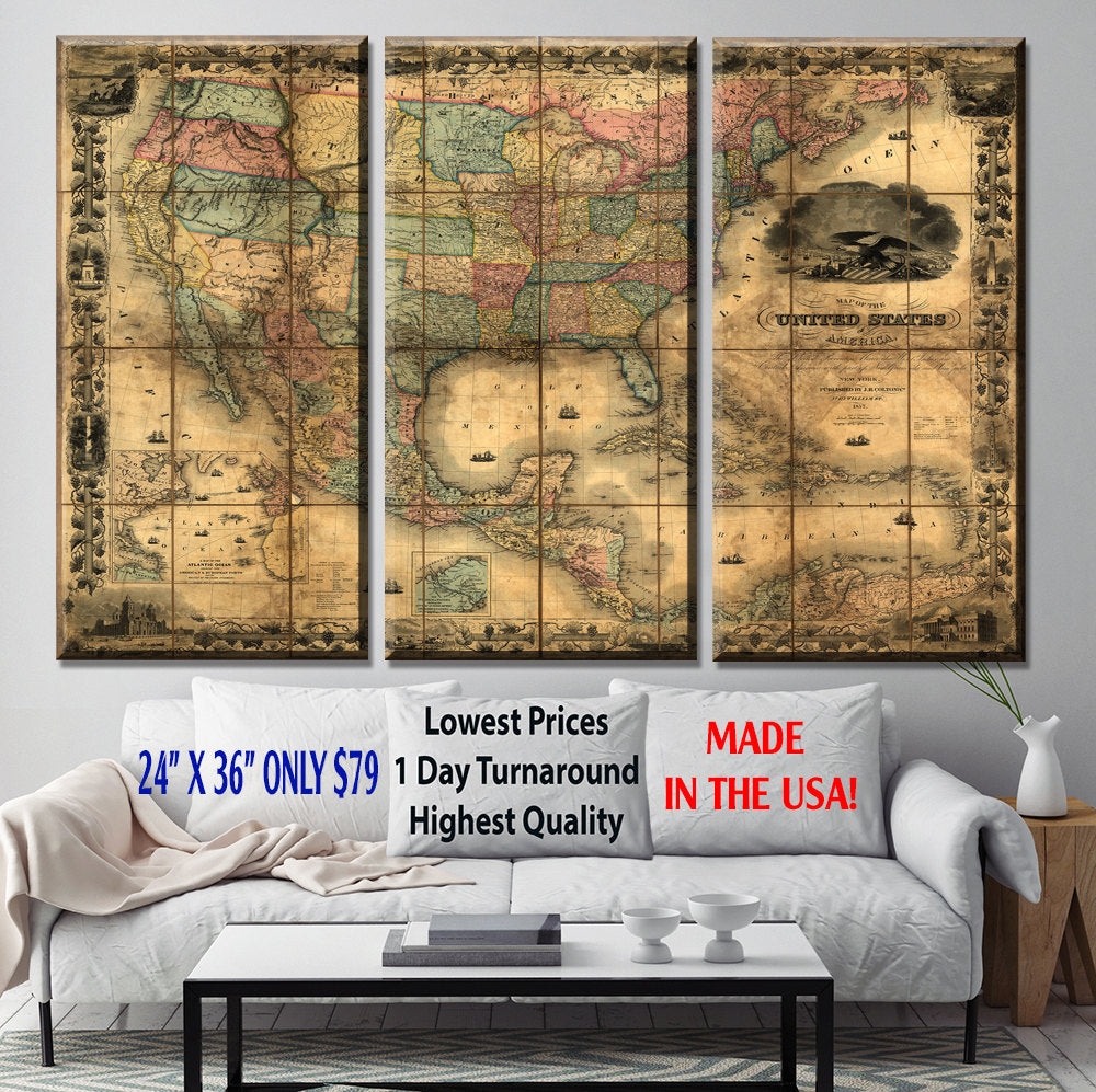 Vintage USA Map on Canvas, Vintage map, large wall map, hotsell canvas art, canvas map, map art, world map, wall art