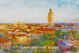 The University of Texas watercolor. Graduation gift, The University of Texas , College wall art,  College WC