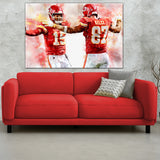 A watercolor print of Kelce Mahomes hung above a red couch