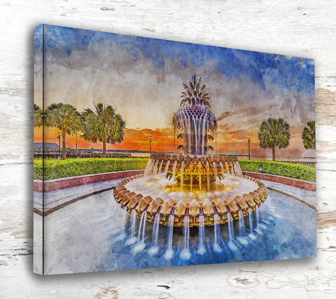 Charleston Pineapple Fountain canvas watercolor, Charleston SC Wall Art, Charleston SC Print, Canvas wall art, Charleston SC Watercolor art