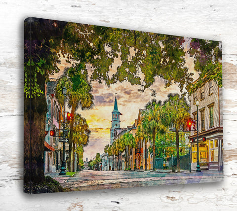 Charleston Street Scene canvas watercolor, Charleston SC Wall Art, Charleston SC Print, Canvas wall art, Charleston SC Watercolor wall art