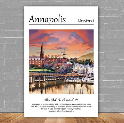 Annapolis Maryland travel art canvas, Annapolis MD Wall Art, Annapolis Print, Annapolis Canvas wall art,  Annapolis Watercolor wall