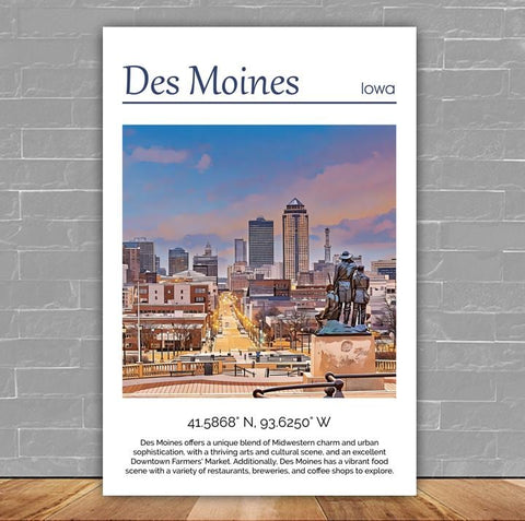 Des Moines Canvas, Des Moines Print,  Des Moines wall art, Des Moines travel art print, Des Moines  Iowa, Des Moines poster