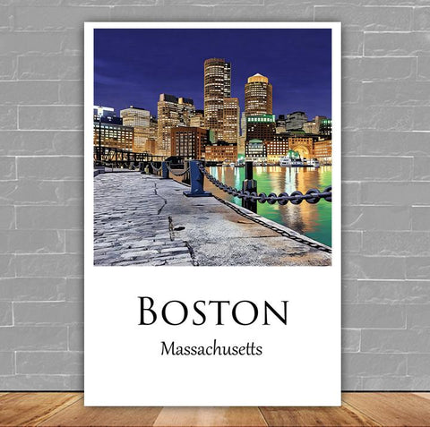 Boston Harbor travel art canvas print, Boston canvas, Boston Print, Boston wall art, Boston Harbor at night