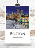 Boston Harbor travel art canvas print, Boston canvas, Boston Print, Boston wall art, Boston Harbor at night