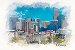 watercolor print of Denver Colorado, the border is white
