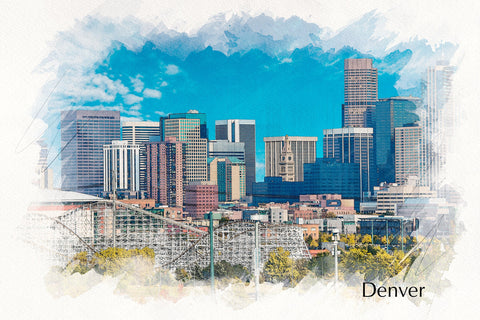 watercolor print of Denver Colorado, the border is white