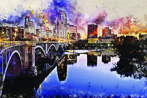 Minneapolis at night watercolor on Canvas, Minneapolis Minnesota City skyline, Large Minneapolis watercolor, Minneapolis watercolor Canvas
