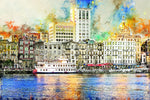 Savannah Georgia watercolor skyline canvas, Savannah Canvas,  Savannah wall canvas, River street, Savannah watercolor waterfront