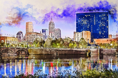 Indianapolis watercolor on canvas, Indianapolis skyline watercolor, Indianapolis wall canvas, Indianapolis night Indianapolis art,watercolor