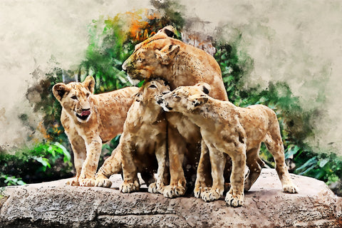 Lion family canvas, Lion Canvas, Lion wildlife watercolor Animal Wall canvas,  Wildlife wall art, Lion family watercolor