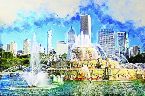 Chicago watercolor skyline, Chicago watercolor Canvas, Chicago canvas skyline, Grant Park Wall canvas, Chicago canvas, Chicago Illinois wall