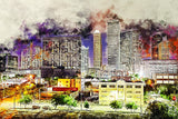 Houston watercolor, TX skyline at dusk, Printed on Canvas, Houston watercolor Texas, City skyline, Large Houston Print, Houston