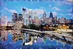 Philadelphia Pensylvania watercolor canvas, Philadelphia watercolor skyline and Schuykill River, Watercolor wall art, Philly watercolor