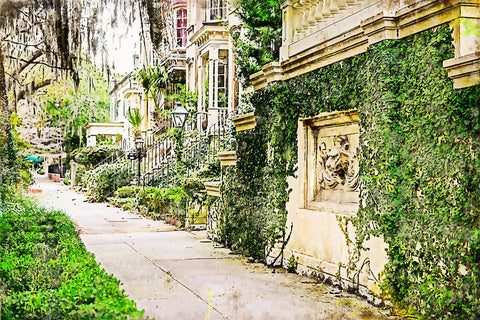 Savannah Georgia Old Historic Homes watercolor canvas, Savannah watercolor Canvas,  River Street canvas, Georgia wall art, Southern wall art