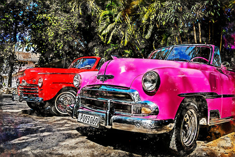 Havana Cuba watercolor vintage autos, Havana Cuba, Wall canvas, , Havana Cuba photo, Cuba art print, Cars in Cuba. Antique cars watercolor
