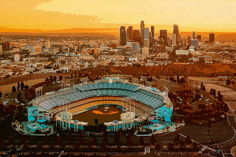 Dodger Stadium Watercolor, LA Skyline watercolor,Los Angeles watercolor skyline, Large LA Dodger baseball  wall art, Canvas gifts, art