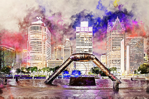 Detroit watercolor Printed on Canvas, Detroit Michigan City watercolor, Large Detroit Print, Detroit wall art, Canvas gifts, art