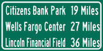 Lincoln Financial Field/Wells Fargo Center/Citizens Bank Park/ Philadelphia Eagles. Philadelphia Phillies/ Philadelphia Flyers |Mileage Sign