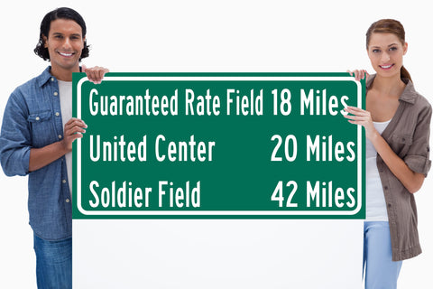 Soldier Field/ United Center/Guaranteed Rate Field |Chicago White Sox/ Chicago Bulls| Chicago Blackhawks Distance Sign | Highway Sign