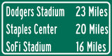Dodger Stadium/ Sofi Stadium/Staples Center | Los Angeles Dodgers/ LA Rams| Los Angeles Lakers Distance Sign | Highway Sign