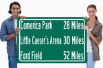 Ford Field/ Comerica Park/Little Caesars | Detroit Lions/ Detroit Red Wings/ Detroit Tigers| Detroit Pistons Distance Sign | Highway Sign