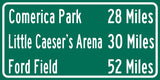 Ford Field/ Comerica Park/Little Caesars | Detroit Lions/ Detroit Red Wings/ Detroit Tigers| Detroit Pistons Distance Sign | Highway Sign