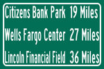 Lincoln Financial Field/Wells Fargo Center/Citizens Bank Park/ Philadelphia Eagles. Philadelphia Phillies/ Philadelphia Flyers |Mileage Sign