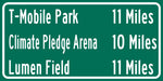 Lumen Field | T-Mobile Park | Climate Pledge Arena | Seattle Seahawks, Seattle Mariners| Distance Sign | Mileage Sign| Highway | Highway