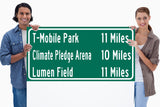 Lumen Field | T-Mobile Park | Climate Pledge Arena | Seattle Seahawks, Seattle Mariners| Distance Sign | Mileage Sign| Highway | Highway
