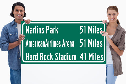 Hard Rock Stadium | Marlins Park | American Airlines arena | Miami Heat, Miami Dolphins| Distance Sign | Mileage Sign| Highway | Highway