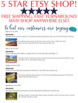 A flyer for a 5-star Etsy shop features free shipping, fast service, and rave reviews for personalized name canoes and signs. Includes Chattanooga watercolor skyline canvas wall art. The background has blue and red stars framing customer reviews.