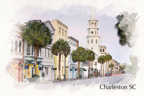 Charleston SC watercolor street scene canvas, Charleston Canvas,  Charleston wall canvas, Charleston watercolor Charleston south decor