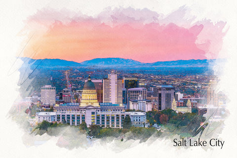 Salt Lake City skyline sketch watercolor canvas, Salt Lake City  watercolor Canvas Wall Salt Lake City watercolor, Salt Lake Skyline print