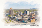 Roanoke Virginia sketch watercolor skyline canvas, Roanoke watercolor Canvas Wall Art, Roanoke Virginia wall art canvas, Roanoke canvas art