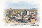 Roanoke Virginia sketch watercolor skyline canvas, Roanoke watercolor Canvas Wall Art, Roanoke Virginia wall art canvas, Roanoke canvas art