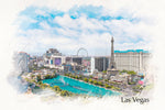 Las Vegas watercolor skyline, Las Vegas skyline print, Wall canvas, Sketch Watercolor print Las Vegas at night photo, Las Vegas art print