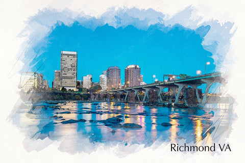 Richmond Virginia watercolor, Richmond watercolor Canvas, Richmond James River skyline, Richmond Wall canvas, Virginia skyline art