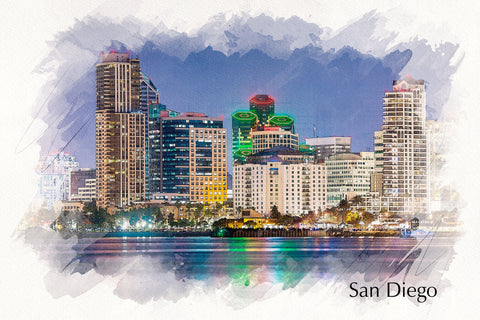 San Diego California watercolor skyline canvas, San Diego watercolor San Diego art, San Diego photo, San Diego wall art, Sketch watercolor