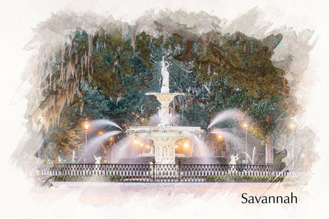 Savannah Georgia watercolor skyline canvas, Savannah Canvas,  Savannah wall canvas, Forsyth Park, Savannah watercolor waterfront