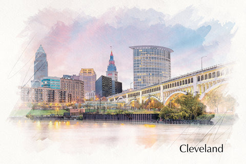 Cleveland watercolor skyline, Cleveland Sketch watercolor Canvas, Cleveland skyline, Cleveland Ohio,  Cleveland wall art, Cleveland watercol