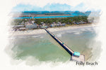 Folly beach SC watercolor canvas, Folly Beach wall art Canvas, South Carolina photo wall art print, Folly Beach watercolor from air