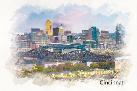 Cincinnati watercolor canvas skyline, Cincinnati Canvas, Cincinnati sketch watercolor skyline, Cincinnati Wall canvas wall art