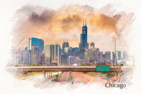 Chicago watercolor skyline, Chicago Canvas, Chicago canvas skyline, Chicago watercolor skyline Wall canvas, Windy city wall art Chicago art,