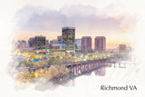 Richmond watercolor wall art, Richmond sketch watercolor Canvas, Richmond James River skyline, Richmond Wall canvas, Virginia skyline art