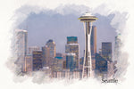 Seattle skyline watercolor canvas, Seattle Canvas, Seattle sketch watercolor skyline, Seattle Wall canvas, Watercolor Seattle Washington