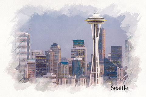 Seattle skyline watercolor canvas, Seattle Canvas, Seattle sketch watercolor skyline, Seattle Wall canvas, Watercolor Seattle Washington