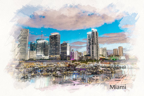 Miami watercolor Skyline, Miami watercolor Canvas, Wall canvas, ,Miami Water Color Canvas Art Print, Miami Beach large canvas